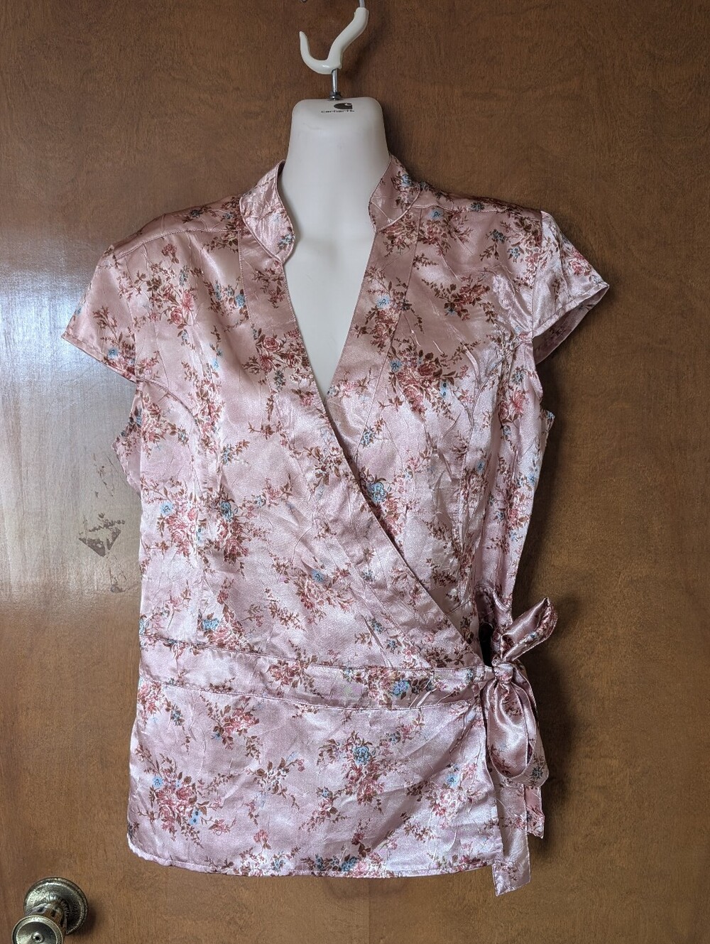Vintage Y2K Xhilaration Pink Satin Asian Floral Wrap Top Blouse